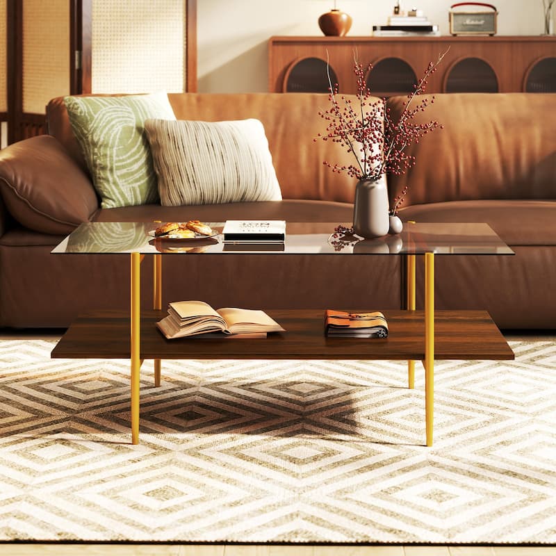 2-Tier Brown and Gold Coffee Table with Tempered Glass Top and Storage Shelf Modern Living Room Decor - 41" x 21" x 17.5"
