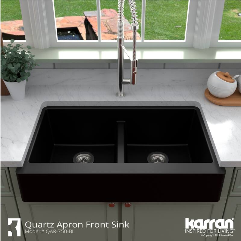 Karran Retrofit Farmhouse Quartz 34 in. Double Bowl 50/50 Sink Kit
