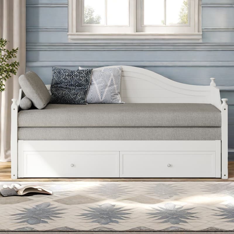 Twin Size Wood Daybed with Pop-Up Trundle and Storage Drawers by Harper&Bright Designs