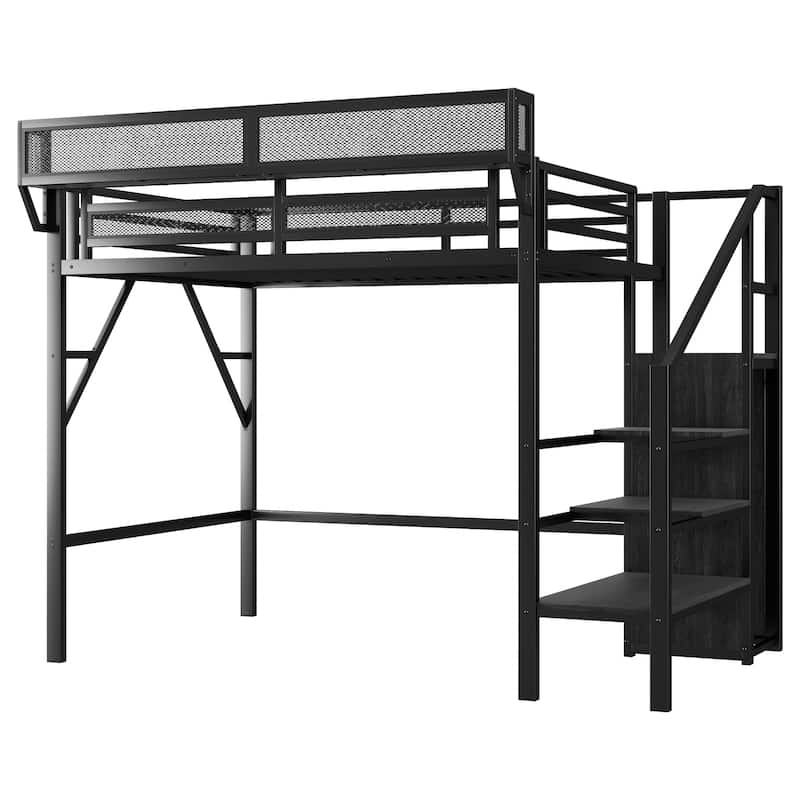 Metal Loft Bed with Wooden Stairs Built-in Storage Shelves and Wardrobe, High Loft Bed Frame with Side Grid Storage Rack
