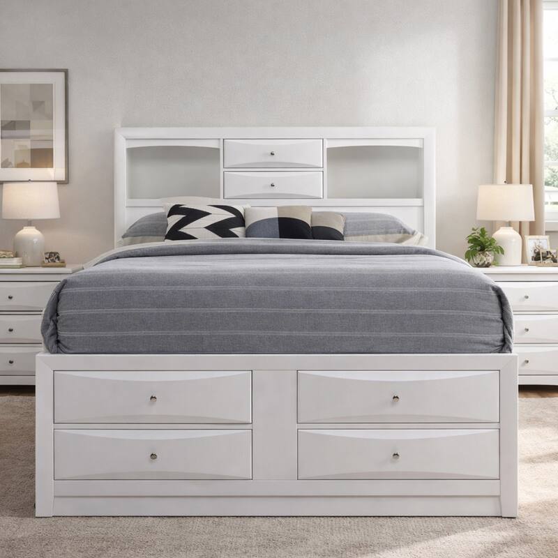 8 Drawer Eastern King Bed with Bookcase Headboard and Round Knobs, White