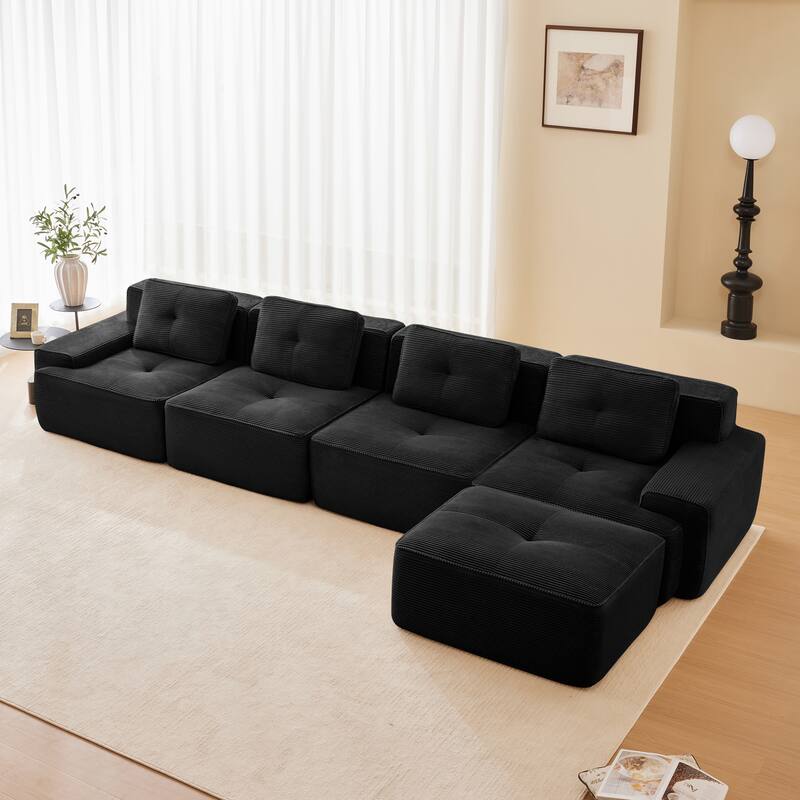 Roomfitters No Assembly Modular Sofa, 117 Inch Corduroy 3-Seater with Piping, Black