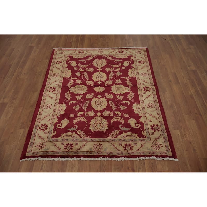 Hand Knotted Oriental 100% Wool Carpet Traditional Floral Red Peshawar Area Rug - 4' 10'' X 4' 0''