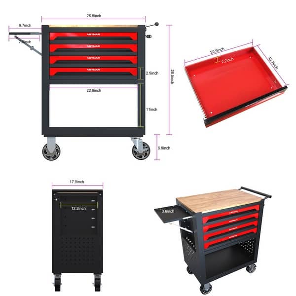 4 Drawers Tool Cart on Wheels Locked Storage Tool Box Organizer - Bed ...