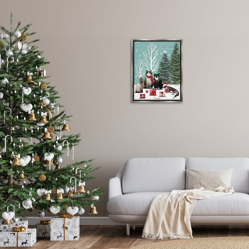 Stupell Festive Winter Cats Scene Framed Floater Canvas Wall Art Design By Elizabeth Tyndall