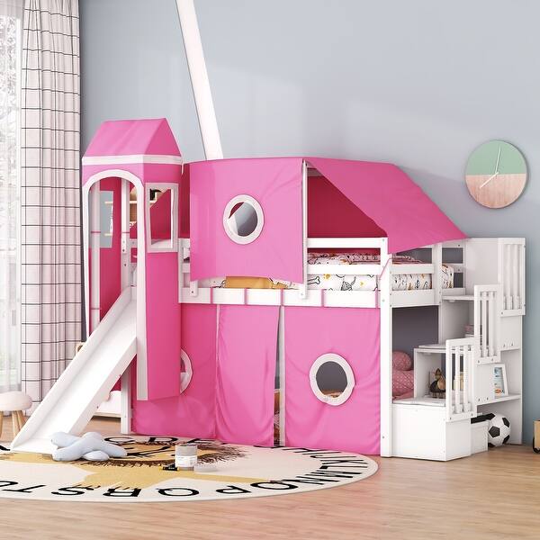 slide 2 of 9, Pink Pine Wood Loft Bed with Storage Staircase and Slide, Tent and Tower, Full-Length Guardrail Twin - Pink