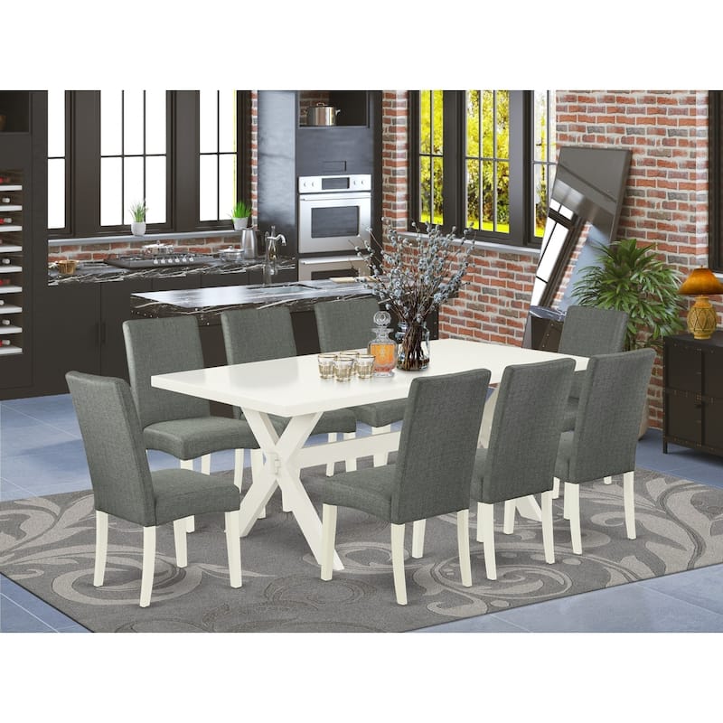 Small Dining Table Set with 8 Chairs - Modern Parsons Dining Room Set - Linen White Wood Table & Cream Upholstered Chairs