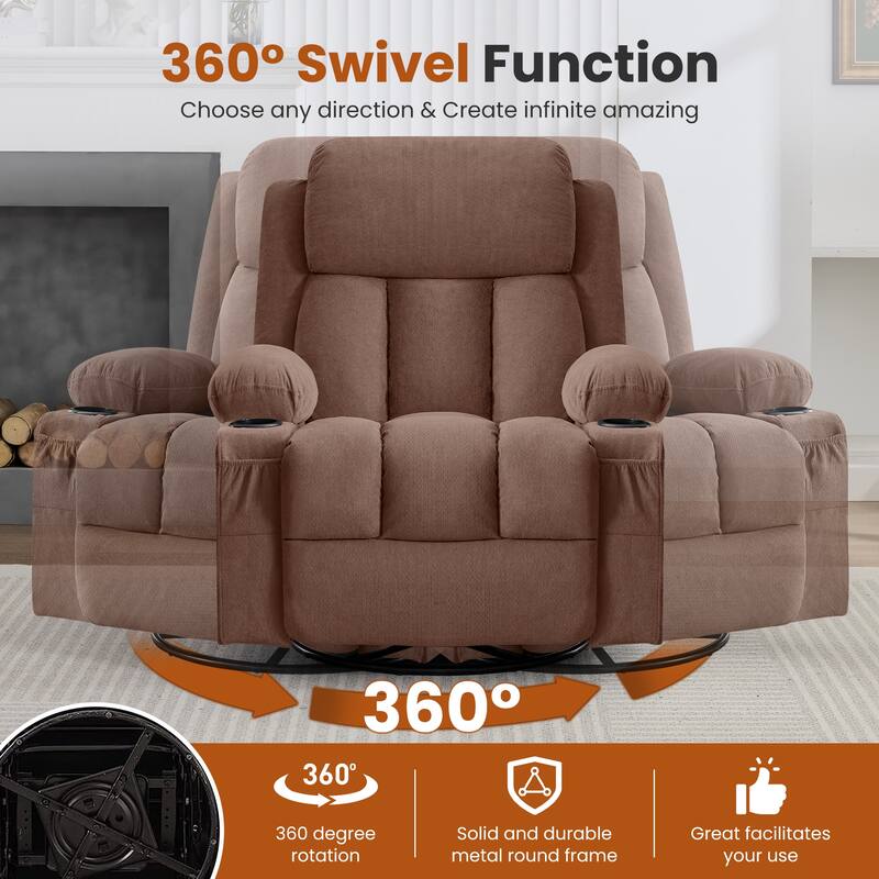 Swivel Rocker Recliner Chair with Vibration Massage and Heat, with Rocking and Side Pocket, USB Charge Port, 2 cup holders