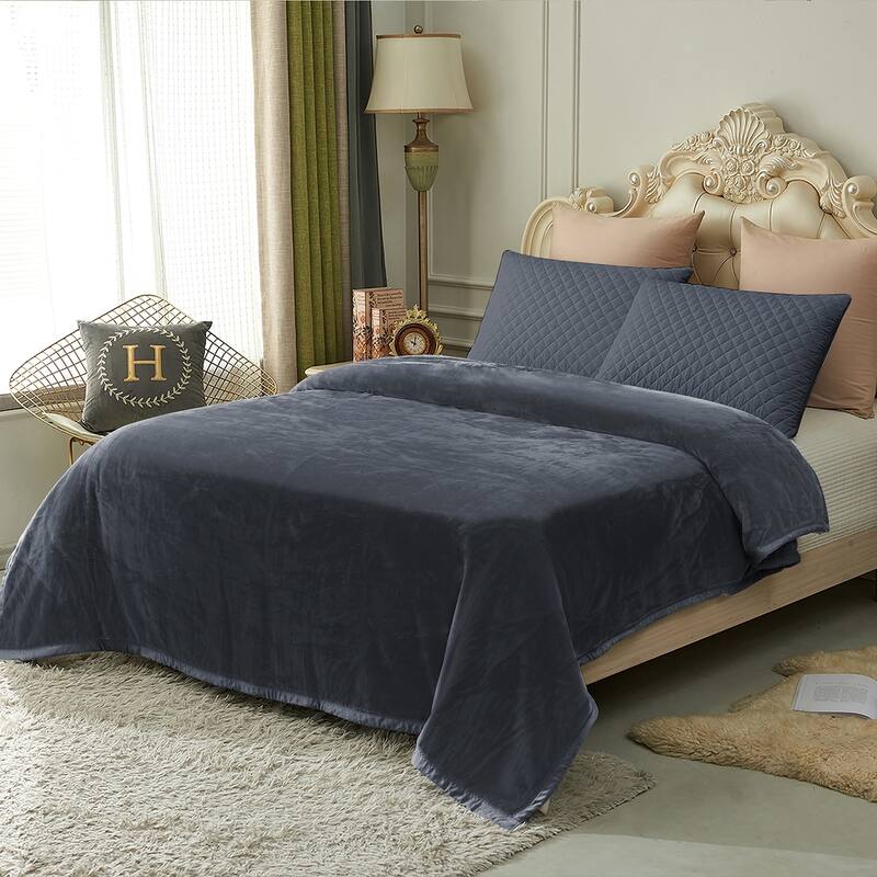 Thicken Reversible Solid Mink Fleece Blanket Fuzzy Cozy Bed Blanket for Couch Camping - 87" x 95" - 4.5 LB - Dark Grey