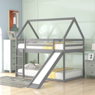 Twin Size Bunk House bed with Slide and Ladder,Gray