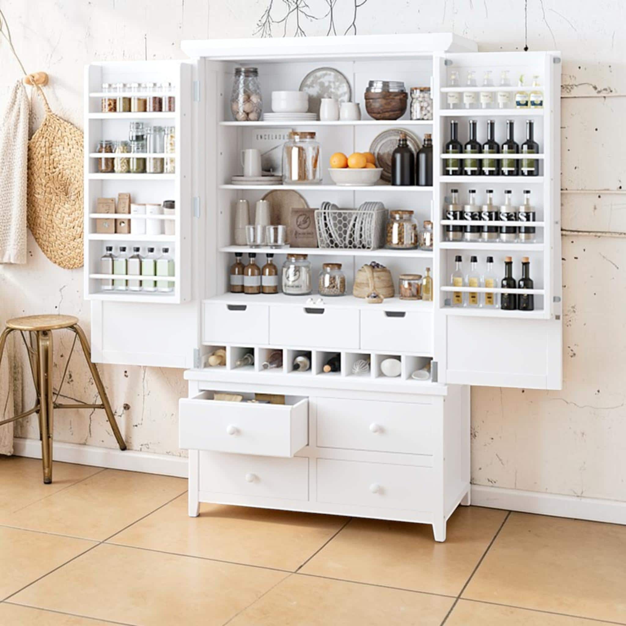 Large Kitchen Pantry Cabinet with Drawers and Wine Rack, 8 Door Storage Cabinet with Adjustable Shelves