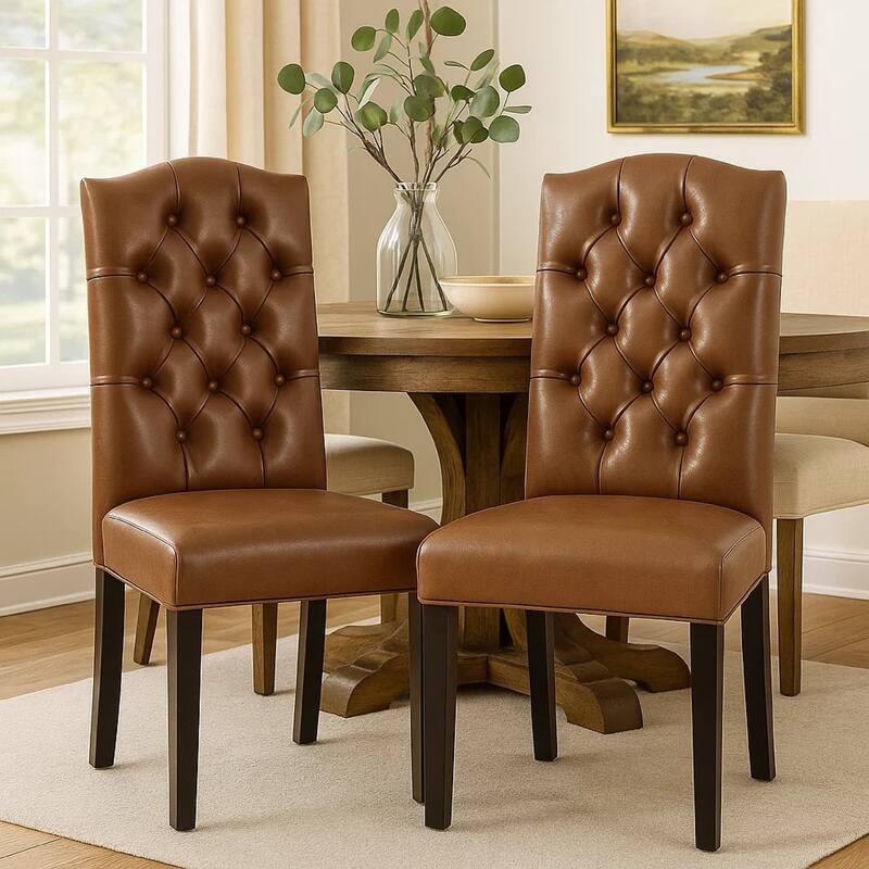 Elona Dining Chair Set of 2, Crown Top, Brown Tufted Faux Leather