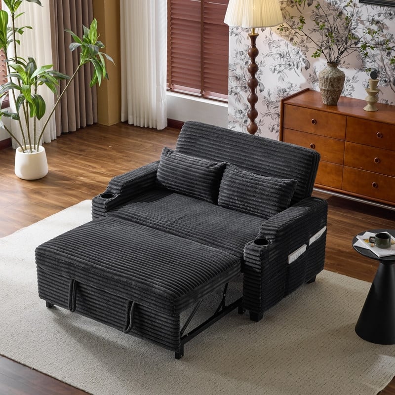 Upholstered Corduroy Convertible Reclining Sleeper Sofa Bed With Cushions For Small Spaces