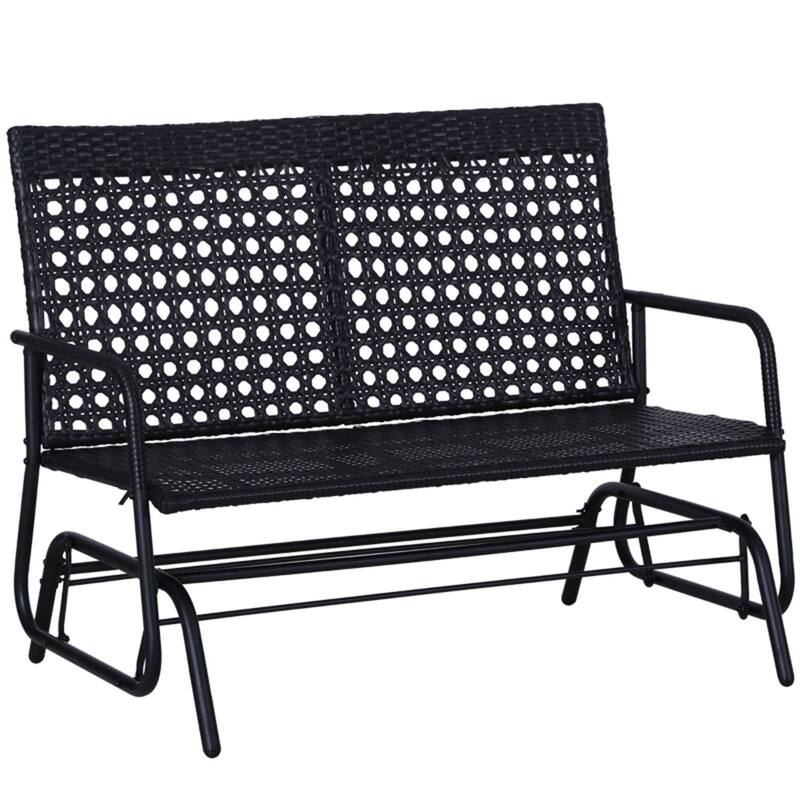 Black Steel and PE Rattan Double Outdoor Rocking Chair Glider - 30"D x 47.25"W x 35.5"H - Black