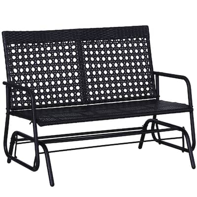 Black Steel and PE Rattan Double Outdoor Rocking Chair Glider - 30"D x 47.25"W x 35.5"H