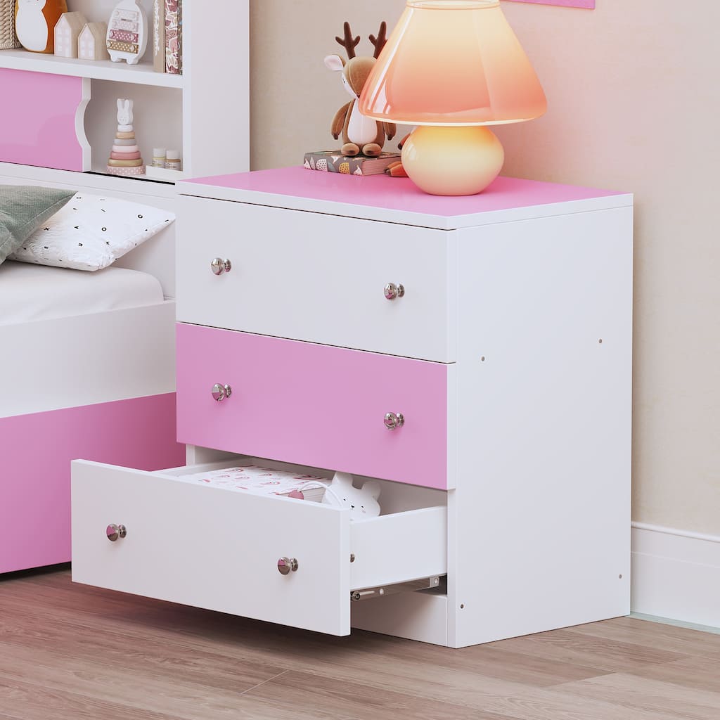 Colorblock Design 3-Drawer Nightstand, White & Pink, Wooden Side Table with Metal Handles for Bedroom Storage
