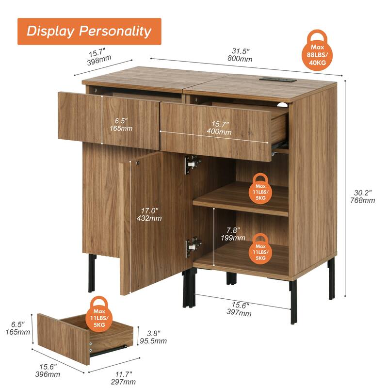 31.5" Wooden 2-Doors Sideboard With Charging Station, Modern Reeded Credenza Storage Cabinet