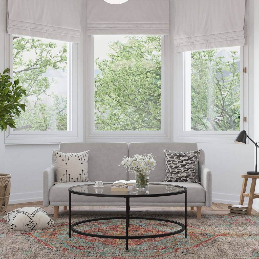Split Back Futon Sofa with Curved Arms and Solid Wood Legs