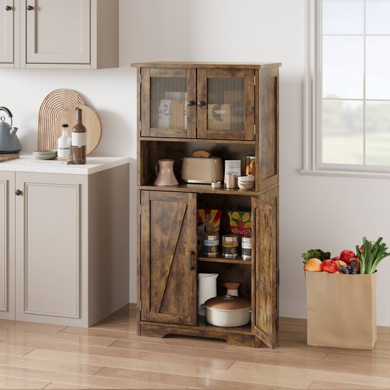 Kitchen Pantry Storage Cabinet with Glass Doors & Adjustable Shelves