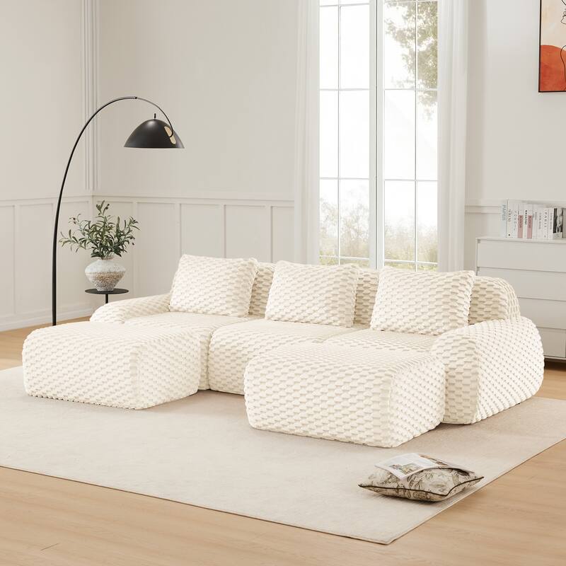 Flannelette Boneless Sectional Couch Sofa Set with Ottoman for Living Room - Cream 3 Seat - 2 Ottoman