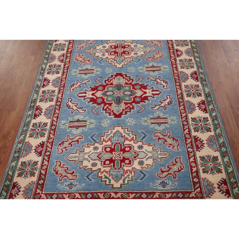 Blue Geometric Kazak Oriental Accent Rug Handmade Wool Carpet - 4'0" x 5'10"