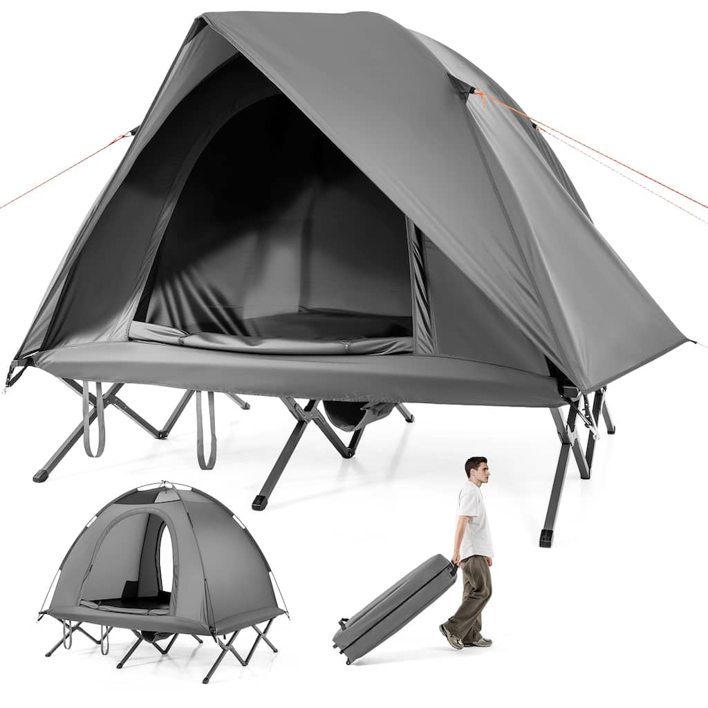 Grey Oxford Cloth Metal Elevated Camping Cot Tent for 2 Persons with Wheeled Bag - 77" x 71" x 59"