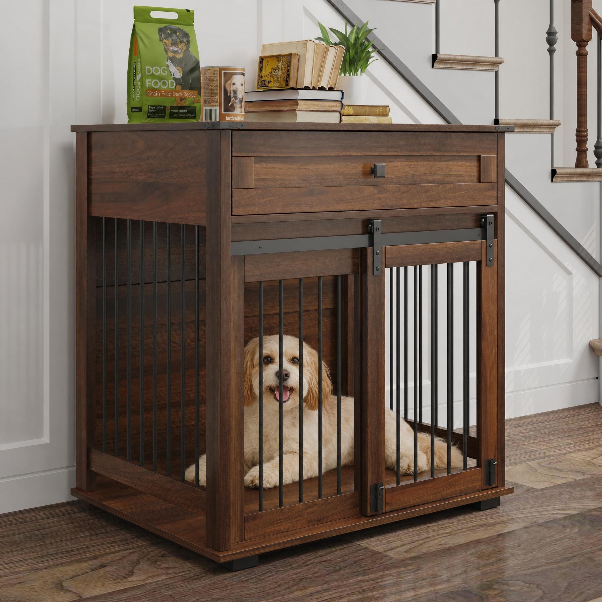 Wooden Dog Crate Furniture with Sliding Barn Door & Storage Drawer, Heavy Duty Chew Proof Anti-Bite Metal Bar Indoor Dog Kennel