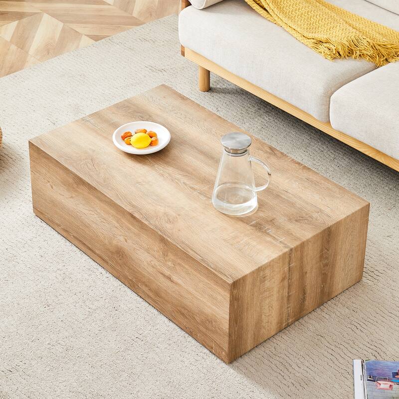Modern Rectangular Coffee Table with Solid Base, Wooden Center Table with Imitation Marble Texture for Living Room - Wood