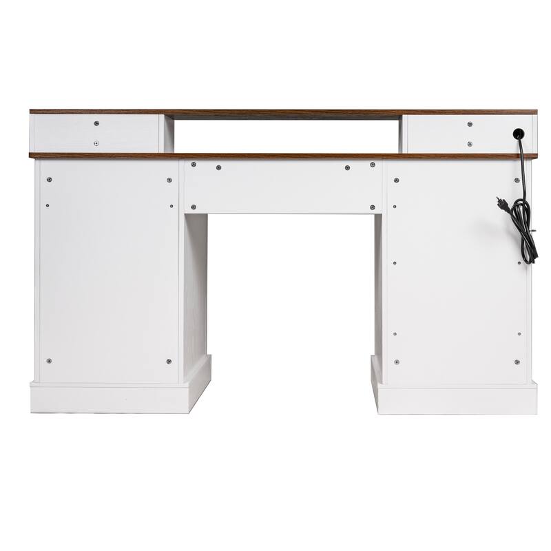 59" Executive Desk with Drawers, Farmhouse Home Office Desk Wood Computer Desk with Charging Station, Keyboard Tray