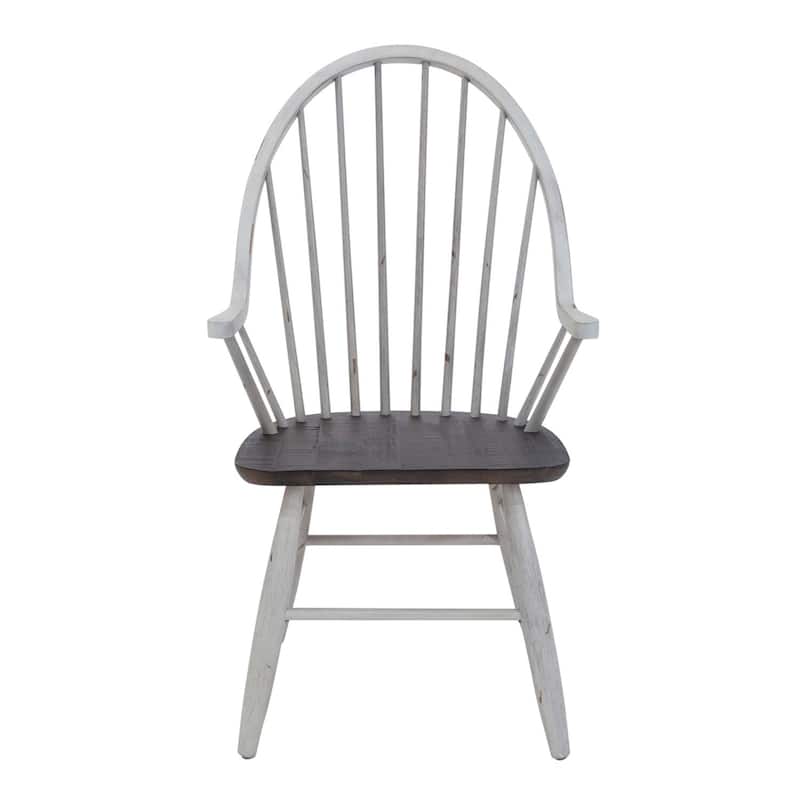 Farmhouse Two Tone White & Wood Windsor Back Arm Chair