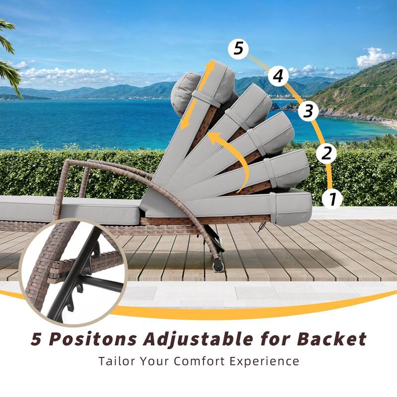 Outdoor Chaise Lounge Chairs Set of 2, Patio Rattan Reclining Chair with 5-Position Adjustable Backrest
