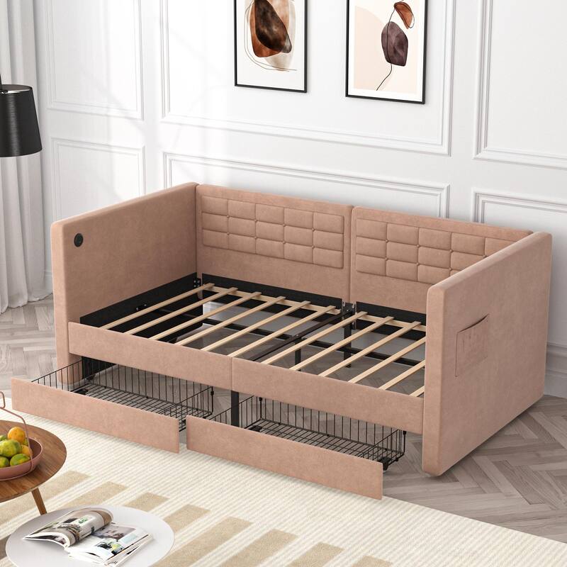 VECELO Twin Size Upholstered Daybed with Storage Drawers Storage Daybed with USB Ports & Pockets Modern Sofa Bed Daybed Frame
