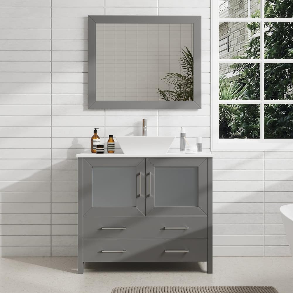 Vanity Art 36" Single Sink Bathroom Vanity Set with Engineered Marble Top Free Mirror - 36 x 18.5 x 36 Inches