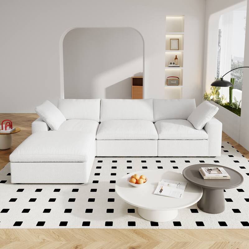 120" L-shaped Modern Sectional Sofa Linen Modular Sofa Couch with Storage Ottoman - White