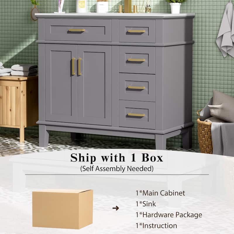 36" Modern Bathroom Vanity with Ceramic Sink, Soft Close Doors, 4 Drawers for Storage for Small Bathrooms