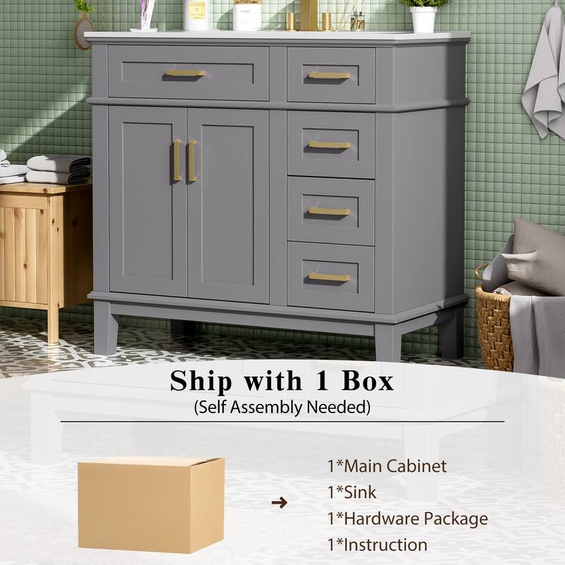 Solid Wood Frame Bathroom Vanity Cabinet with Ceramic Sink for Small Bathrooms, 36 Inch