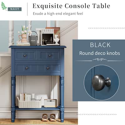 Navy Narrow Console Table Entryway Table, Rubber Wood Frame Slim Sofa Side Table with 3 Drawers and Bottom Storage Shelf