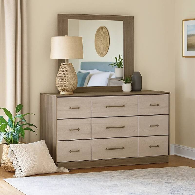 Fene Wide Dresser with Rectangle Mirror, 9 Drawers, Gray-Almond Wood