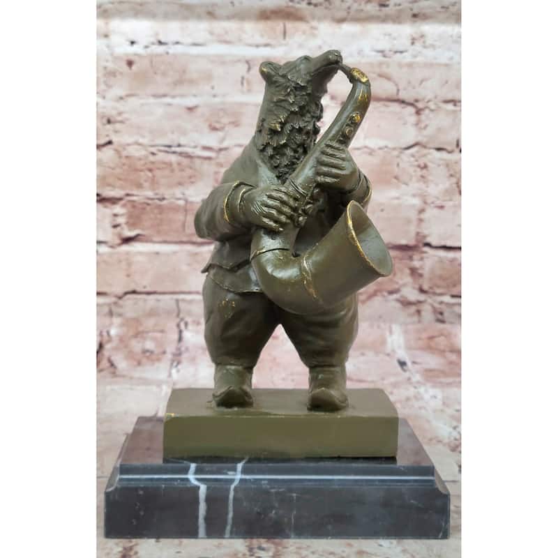 Bear Playing Saxophone Bronze Sculpture - Whimsical Animal Music Art