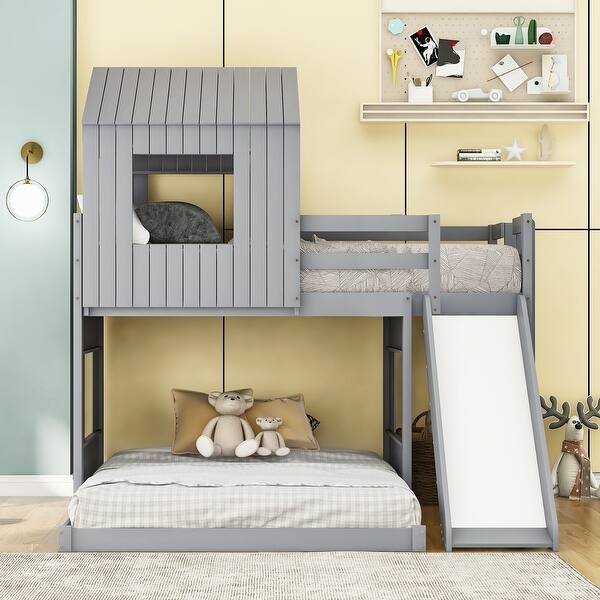 slide 2 of 13, Twin-Full Playhouse Bunk Bed wFarmhouse, Slide, Windows, Ladder - Grey Gray - Full