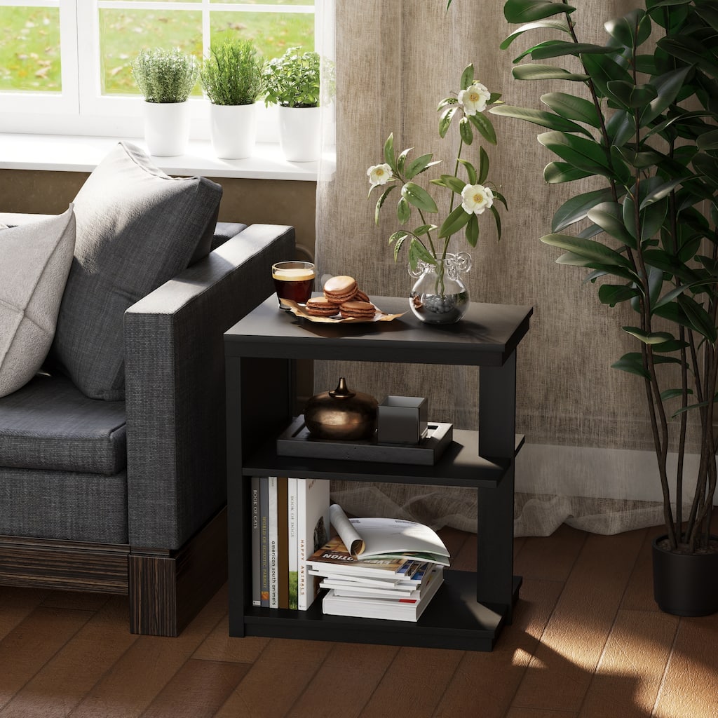 COZAYH Modern Black Trapezoid End Table with Dual Open Shelves, for Bedroom, Living Room, or Office Use