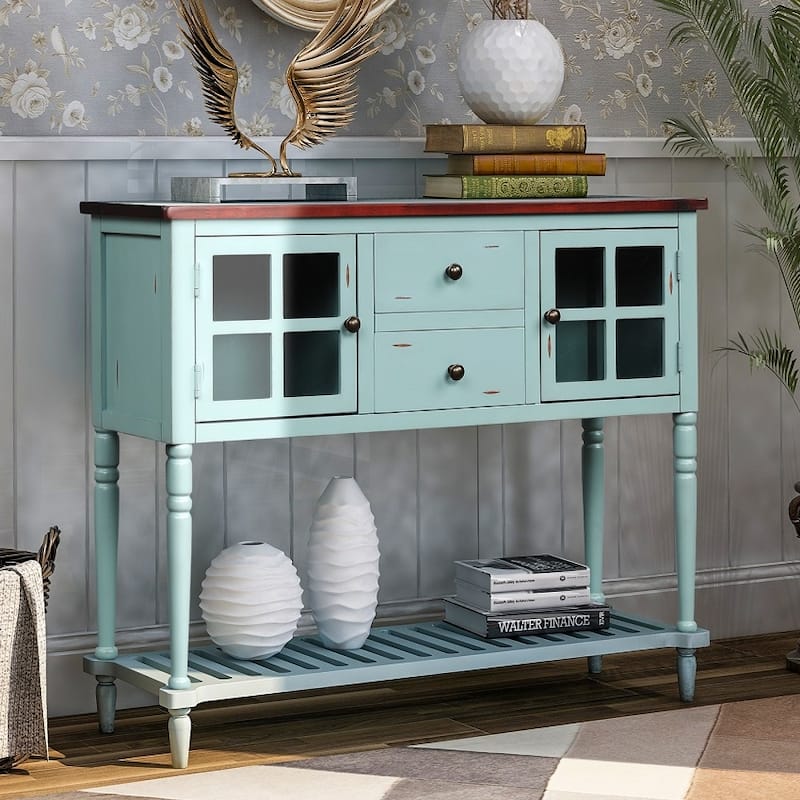 Farmhouse Wood/Glass Buffet Storage Cabinet Living Room