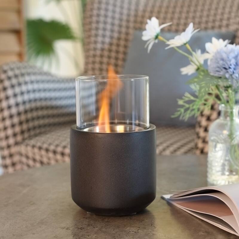 Tabletop Fireplace, Mini Concrete Ethanol Fire Bowl with Lid, Burns up with Liquid Alcohol and Solid Tablet Alcohol