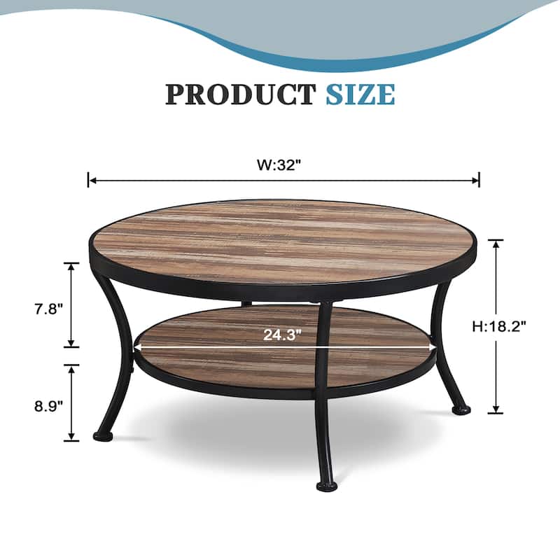 Myhozm Industrial Round Metal Coffee Table with Shelf for Living Room,Home Office and Bedroom