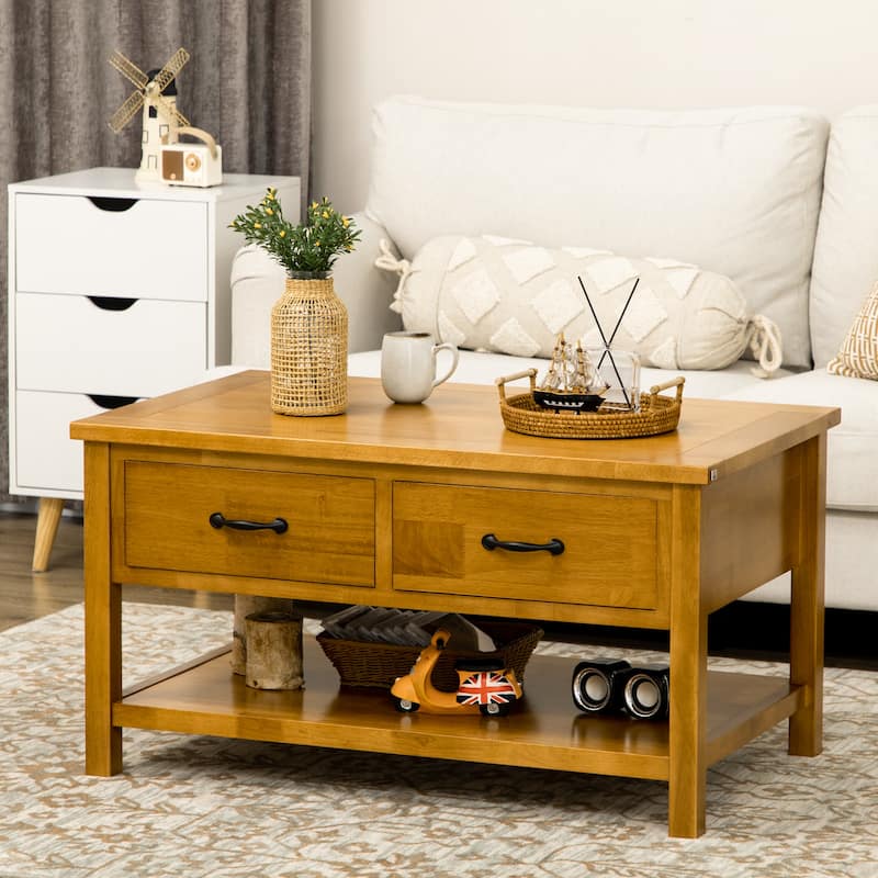 HOMCOM Rustic Coffee Table, Wood Cocktail Table with Drawers and Open Shelf for Living Room, Natural - Natural - Wood