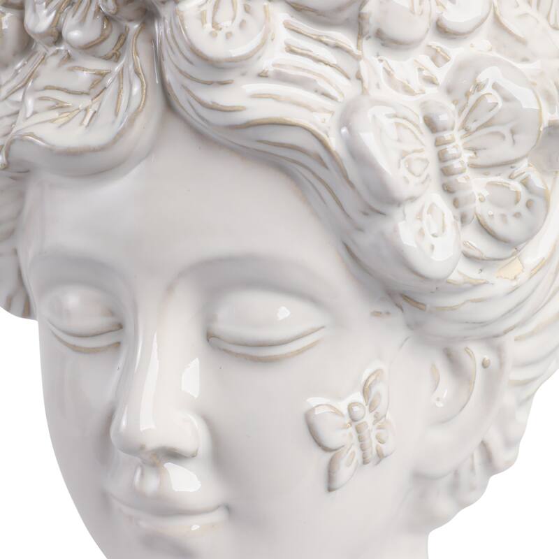 Ceramic Pot Planter Lady Crown Flower and Butterfly - 12" Ivory - 8" x 7" x 12"