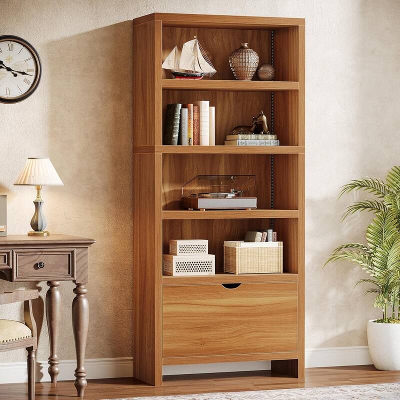 70.9" Tall Bookcase with File Drawer, 5-Tier Bookshelf with LED Lights