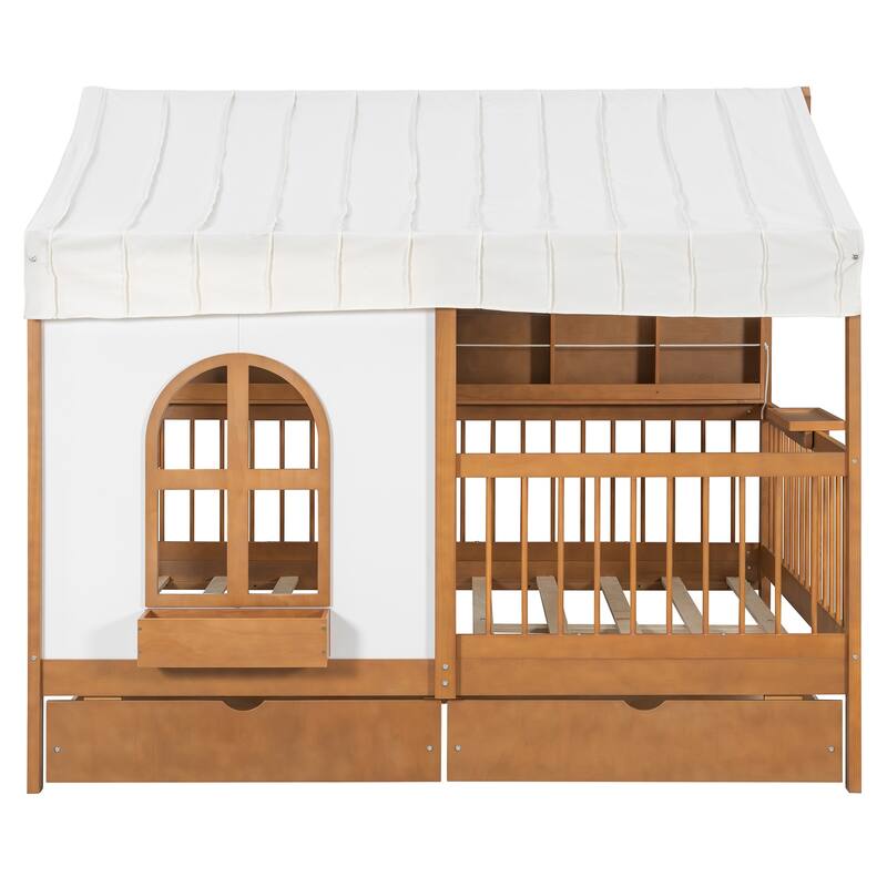 Kids Fence Platform Bed Full Size House Bed with Tent, Bookshelf, Light Strip, Charging Station, Shelves and Storage Drawers