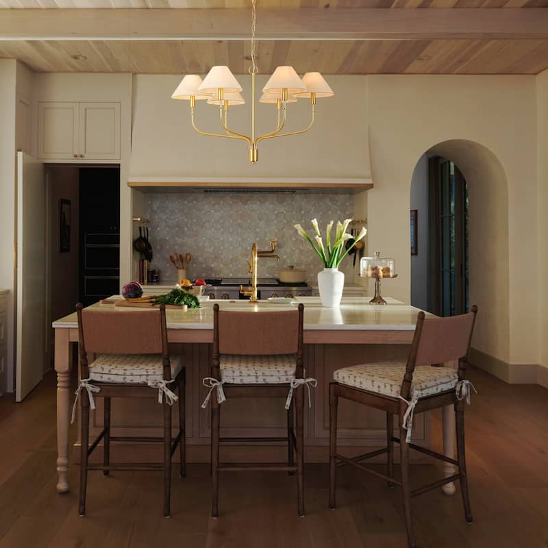 6-Light Mid-Century Modern Brass Chandelier with Beige Fabric Shades - Gold Finish Ceiling Light Fixtur for Living Room