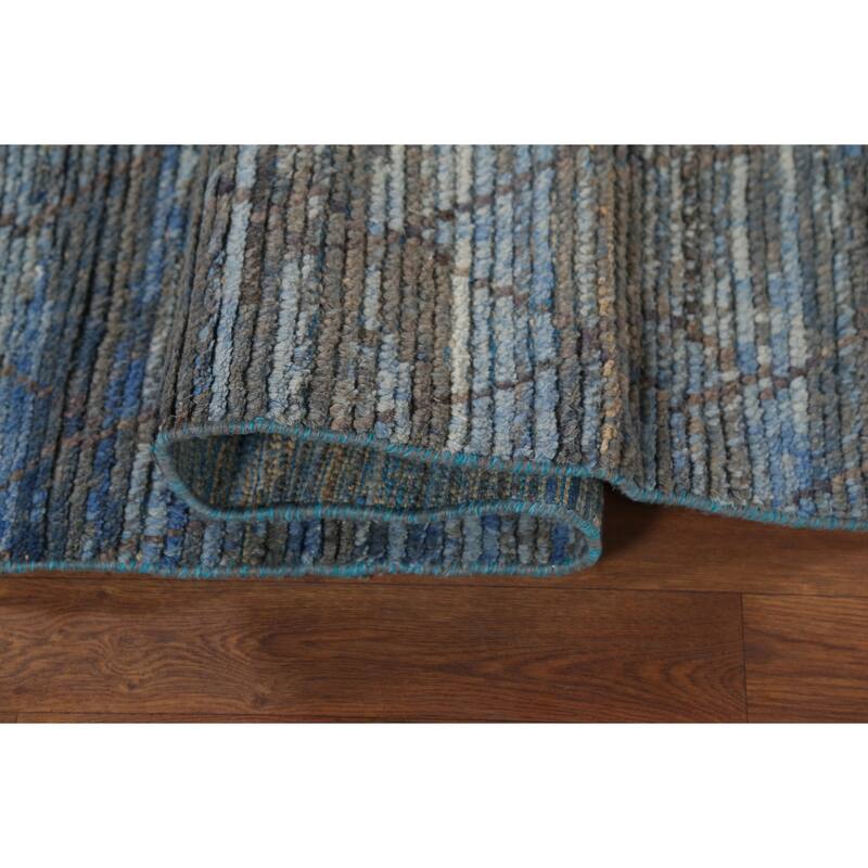 Striped Blue Trellis Moroccan Runner Rug Hand-Knotted Wool Carpet - 3'0"x 12'5"